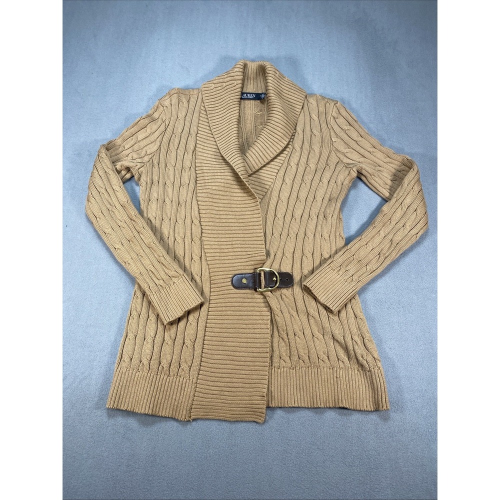 Lauren Ralph Lauren Black Label Cable Knit Women's Cardigan Sweater Lt Brown Med